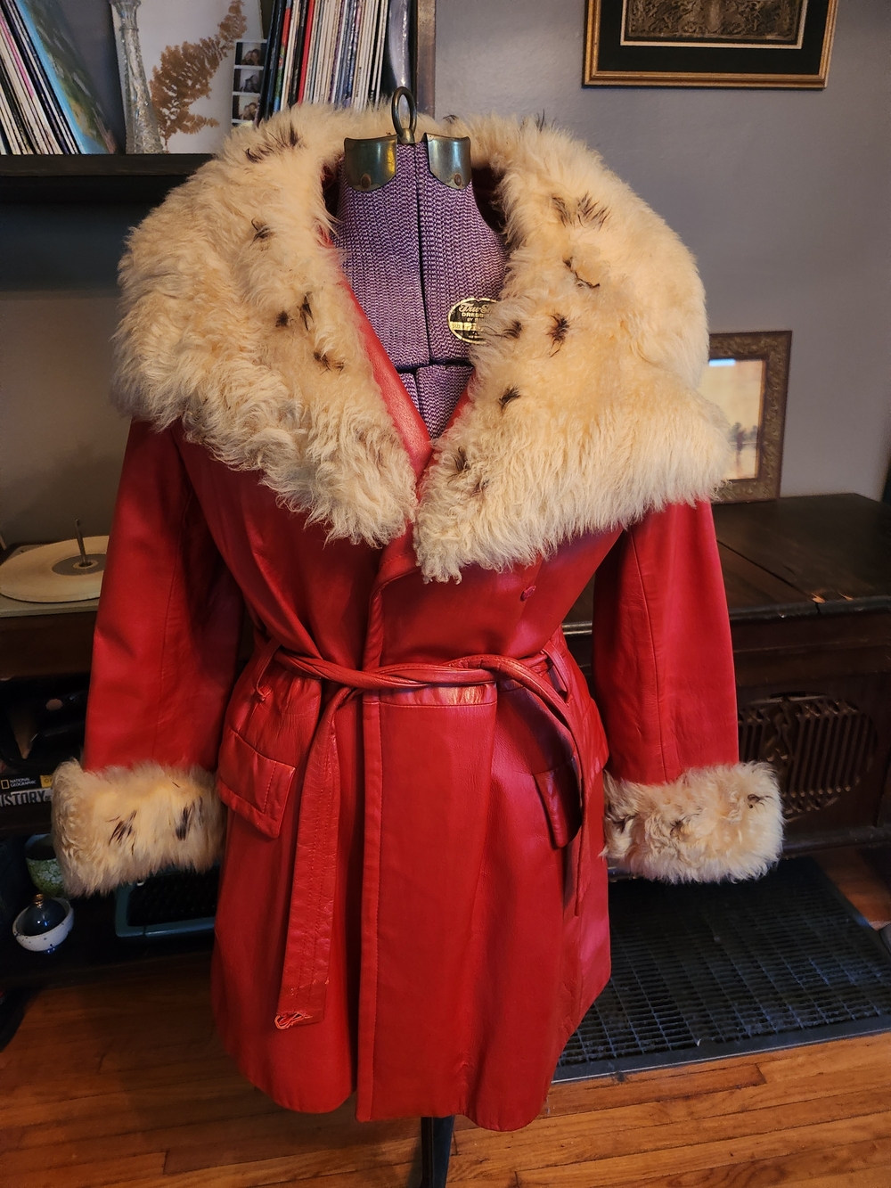 Stunning Red Leather Penny Lane  Coat with Cream Faux Fur Trim